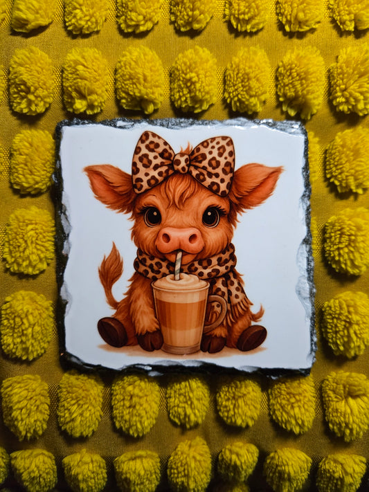 Slate Coaster - Leopard Print Highland Cow