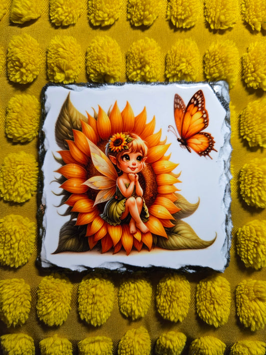 Slate Coaster - Sunflower Fairy with Butterfly