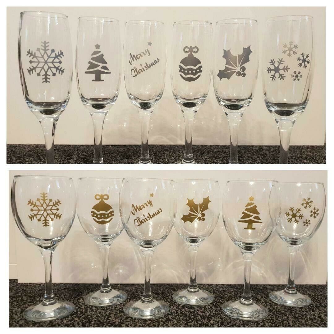 6x Mixed Christmas Vinyl Sticker Decals - Ideal for Wine Glasses / Champagne Glasses / Tableware