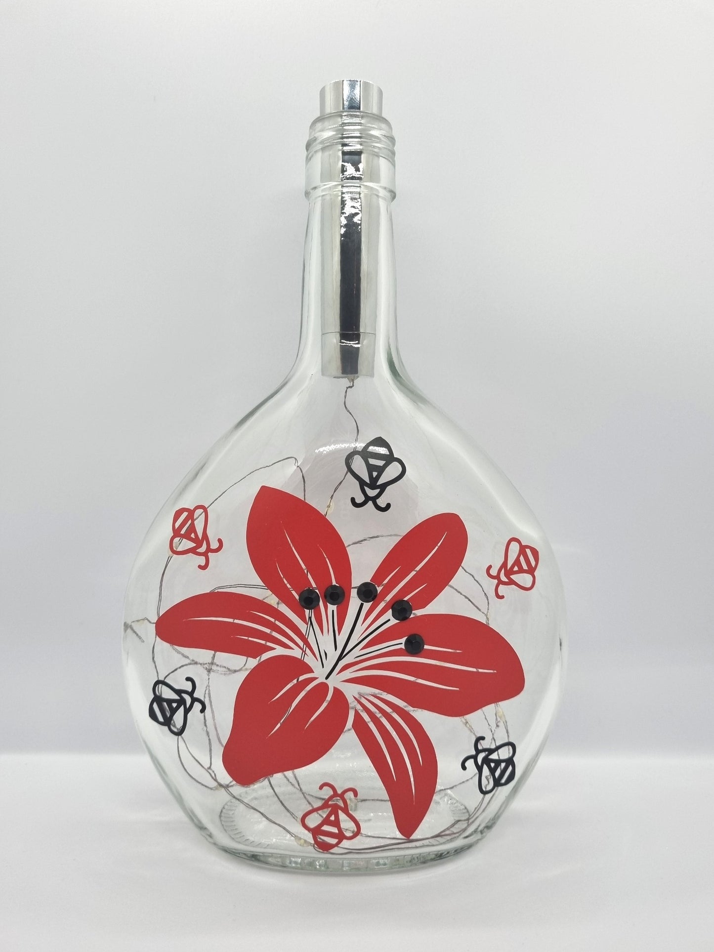 Lily Flower and Bees Glass Light Up Bottle / Night Lamp