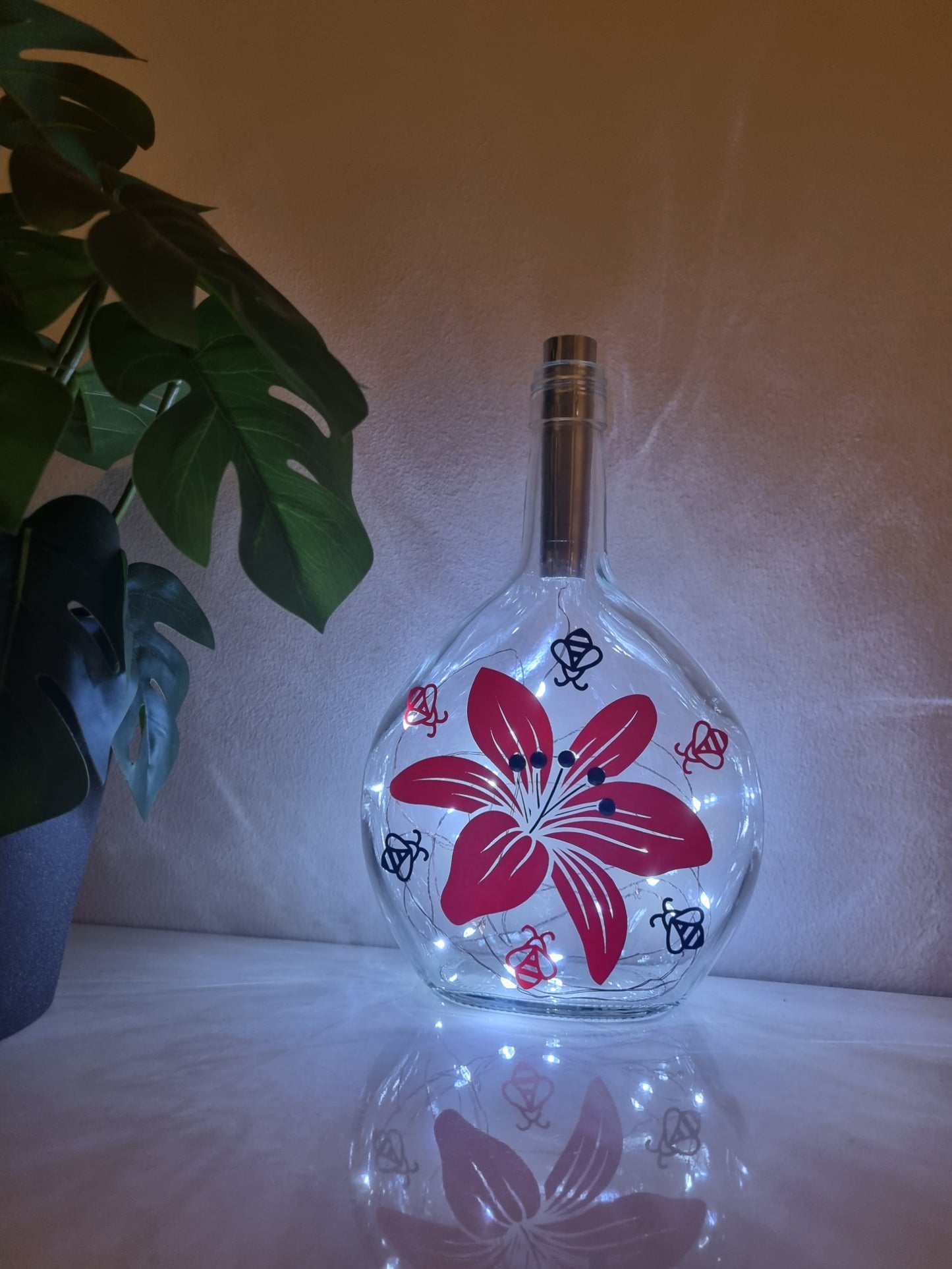Lily Flower and Bees Glass Light Up Bottle / Night Lamp