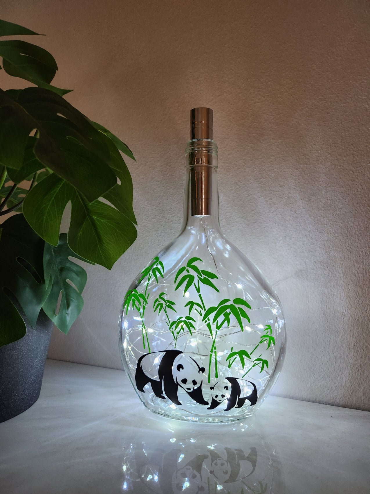 Bamboo Panda Themed Glass Light Up Bottle / Night Lamp