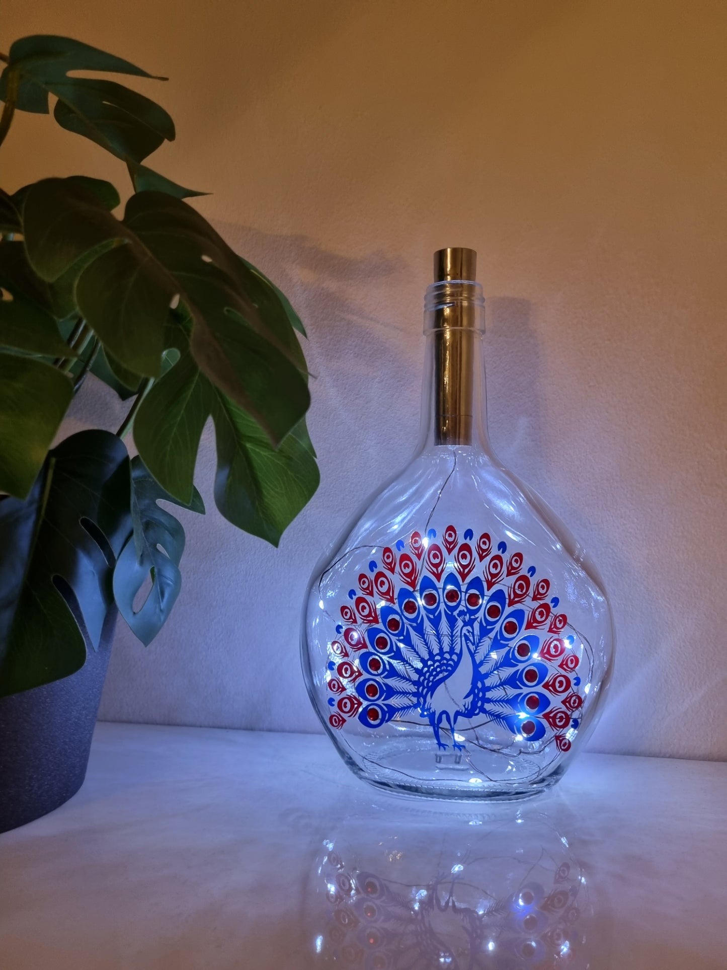 Peacock Glass Light Up Bottle / Night Lamp