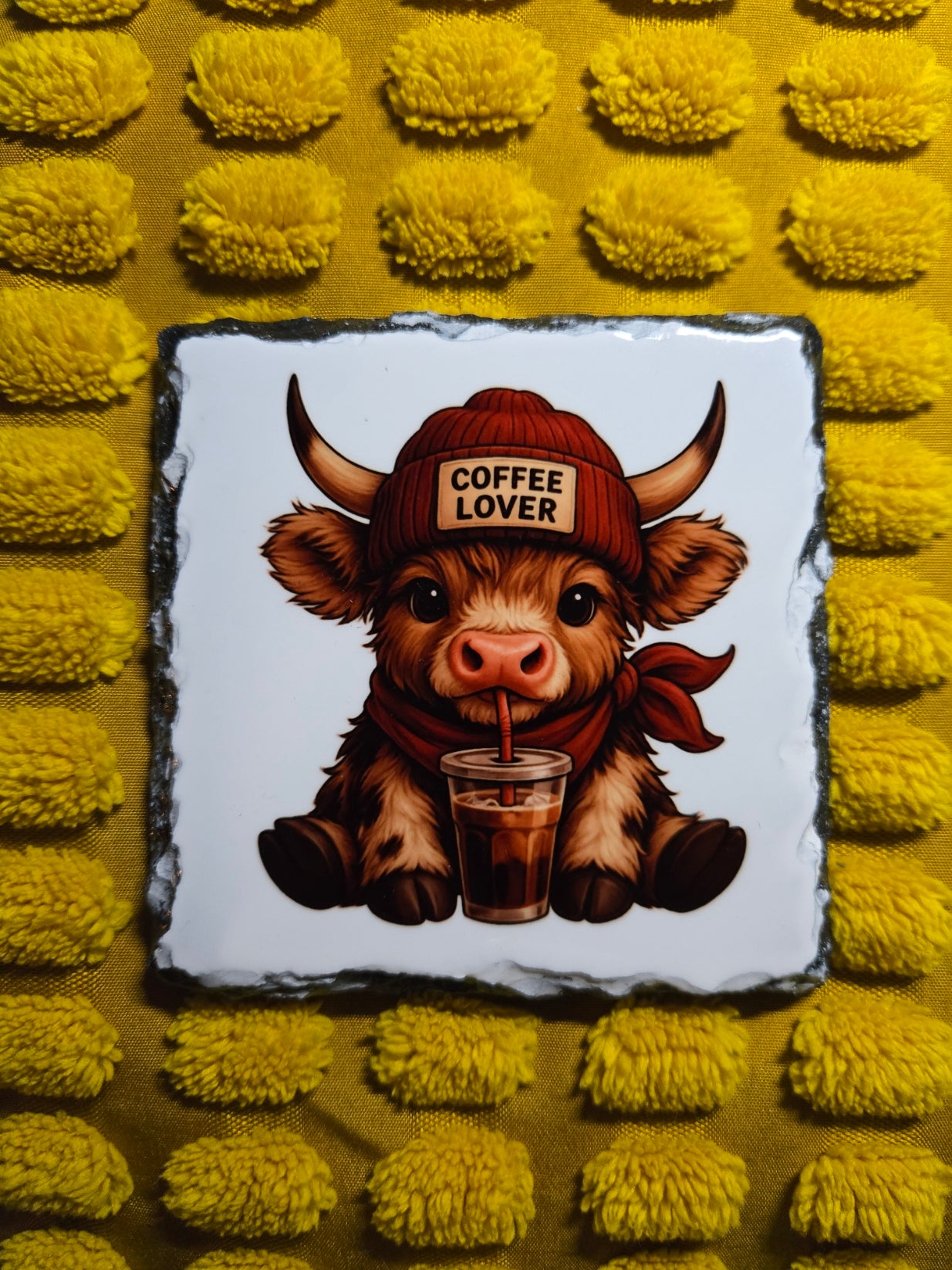 Slate Coaster - Coffee Lover Highland Cow