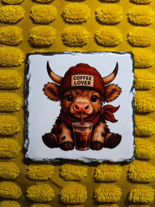 Slate Coaster - Coffee Lover Highland Cow