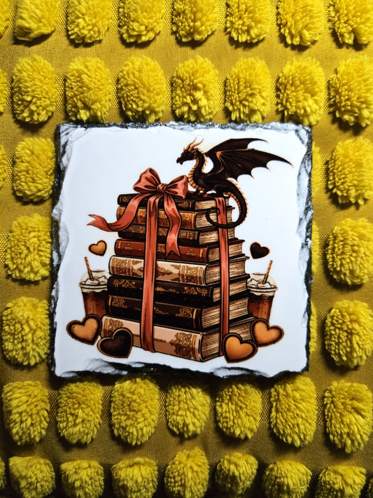 Slate Coaster - Book Stack - Bookworm Themed