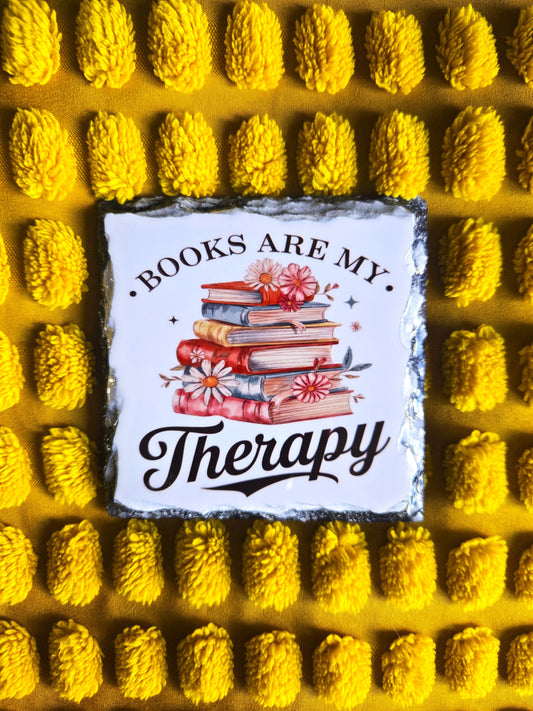 Slate Coaster - Books are my Therapy - Bookworm Themed