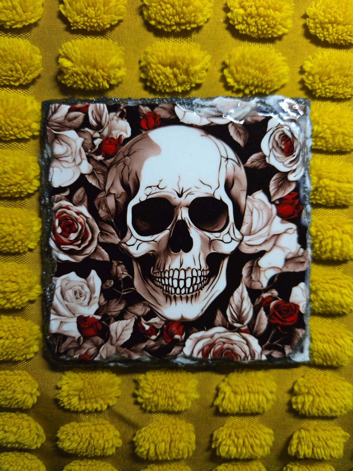 Slate Coaster - Skull and Flowers