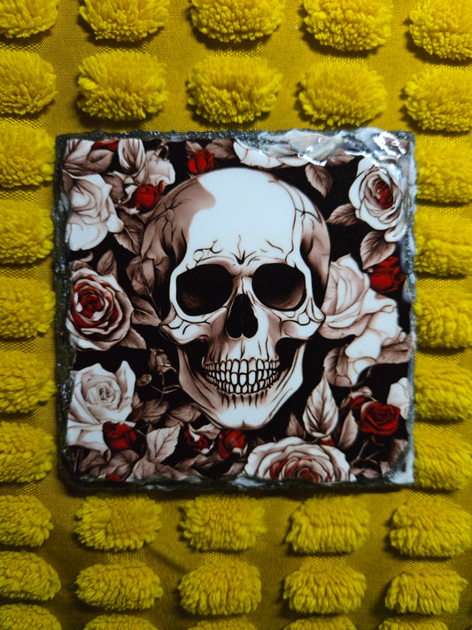 Slate Coaster - Skull and Flowers