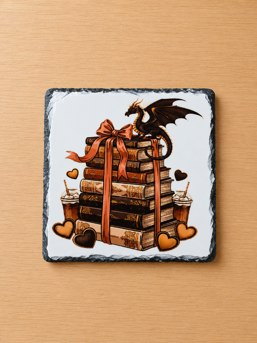 Slate Coaster - Book Stack - Bookworm Themed
