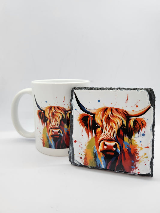 Colourful Highland Cow Mug and Coaster Set