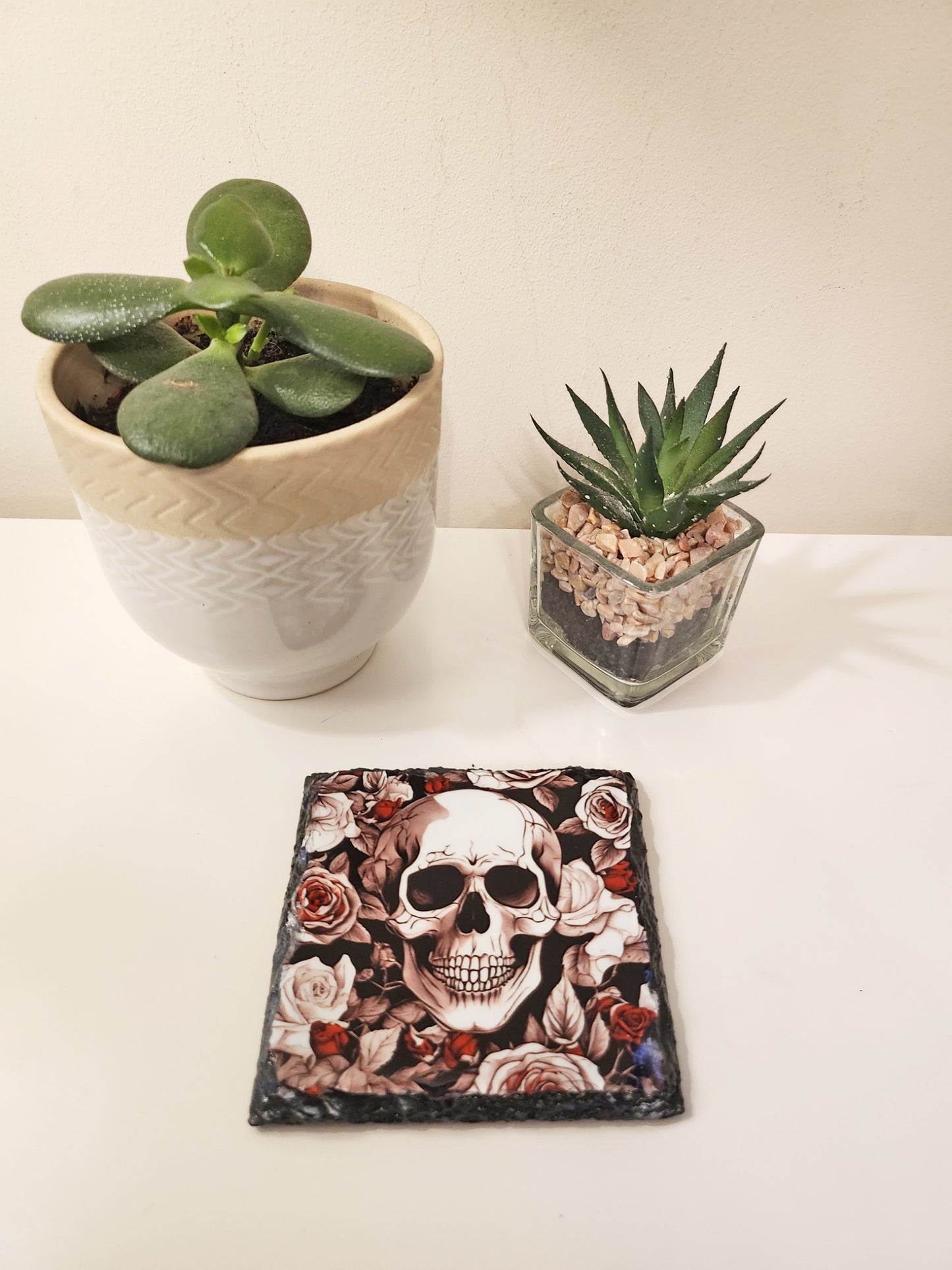 Slate Coaster - Skull and Flowers