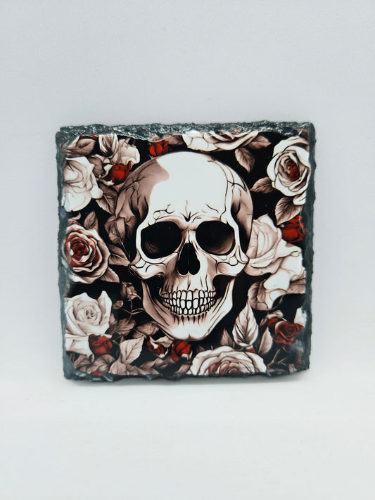 Slate Coaster - Skull and Flowers