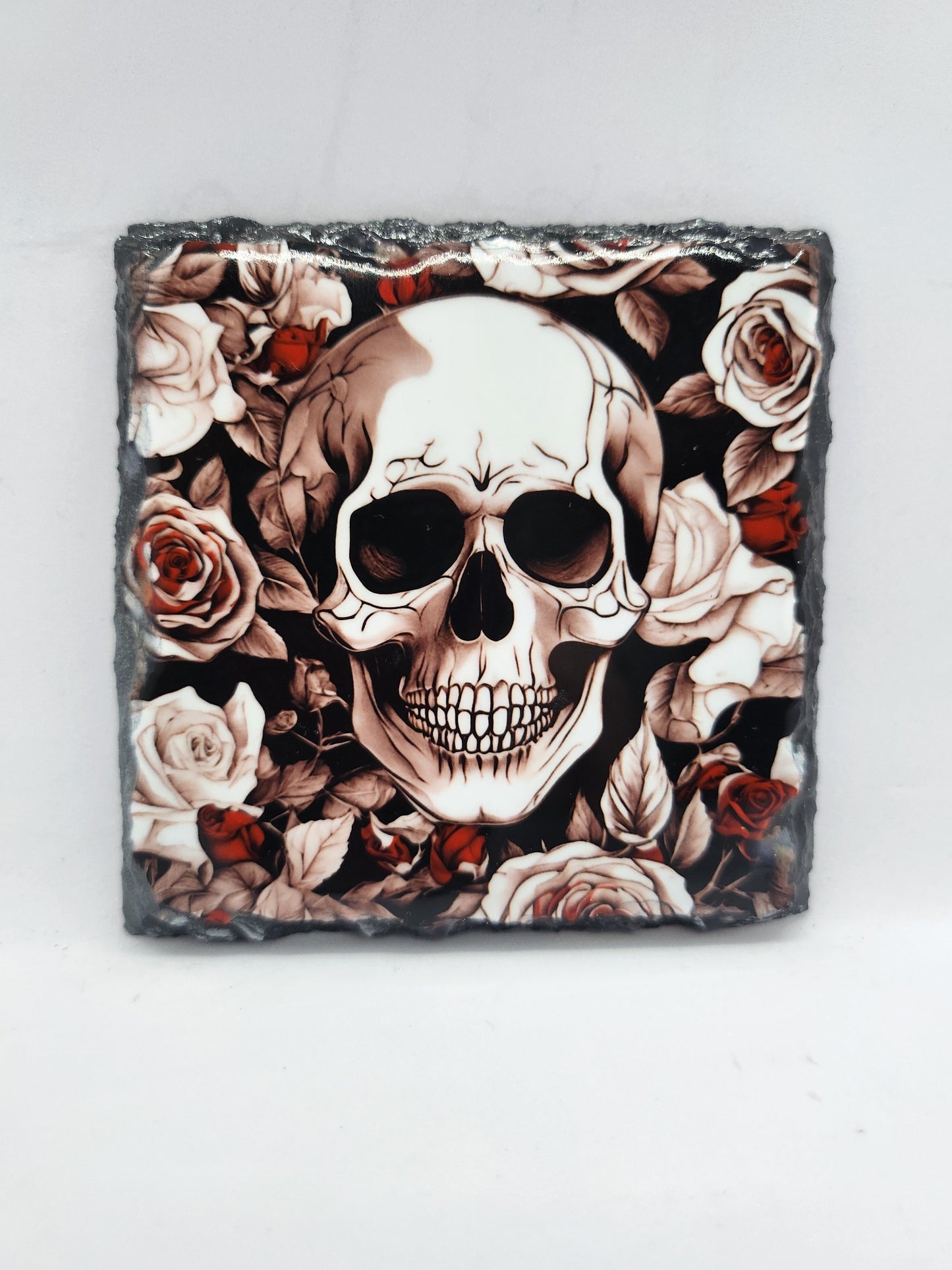 Slate Coaster - Skull and Flowers