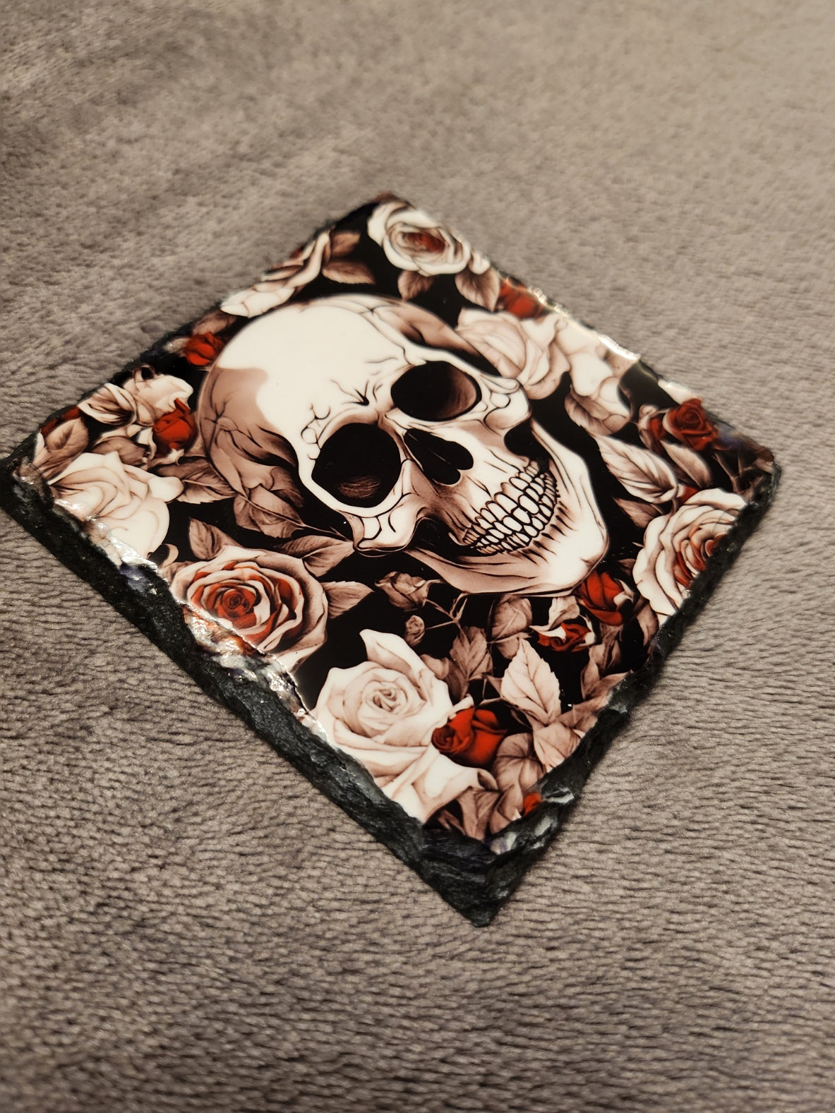 Slate Coaster - Skull and Flowers