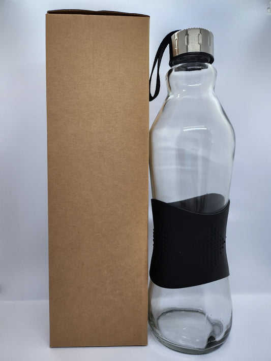 1 Litre Glass Water Bottle - with Box - Black