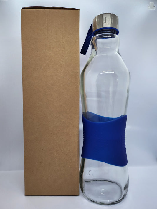 1 Litre Glass Water Bottle - with Box - Blue