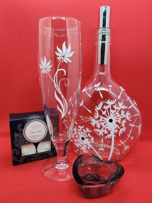 Dandelion Bottle Lamp Gift Set with Prosecco Glass and Shearer Candles