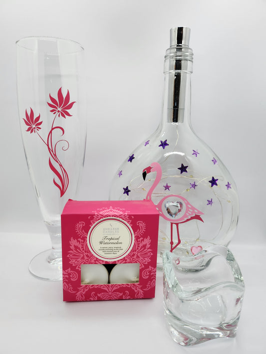 Flamingo Bottle Lamp Gift Set with Prosecco Glass and Shearer Candles