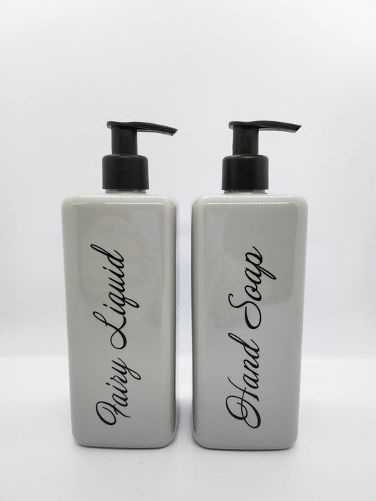 Pair of Grey Square Hand Soap and Fairy Liquid Pump Bottles - 500ml