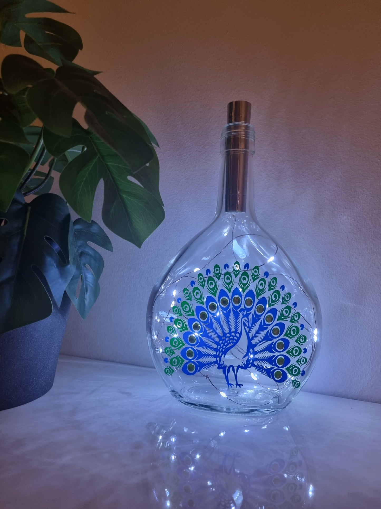 Peacock Glass Light Up Bottle / Night Lamp
